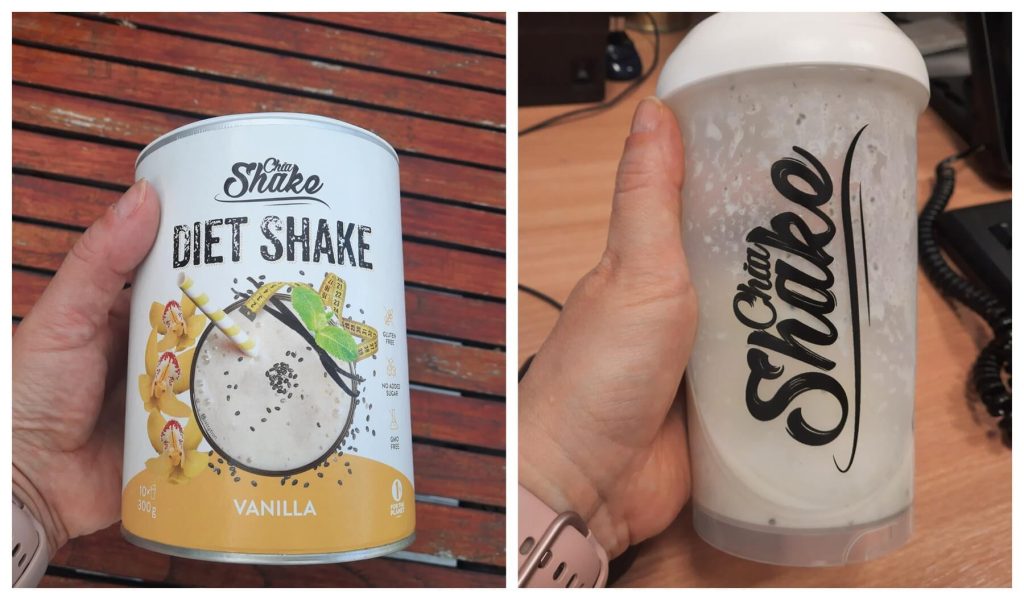 A Chia Shake proteinital dobozában, valamint a shaker az elkészült itallal