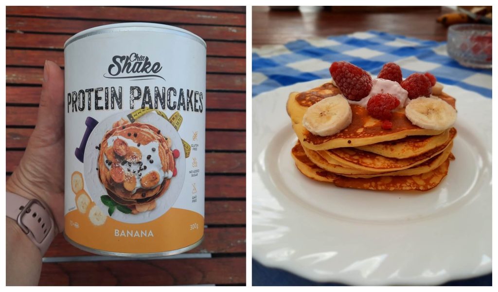 A Chia Shake proteines palacsintapor, mellette pedig az abból készült ínycsiklandó palacsinta